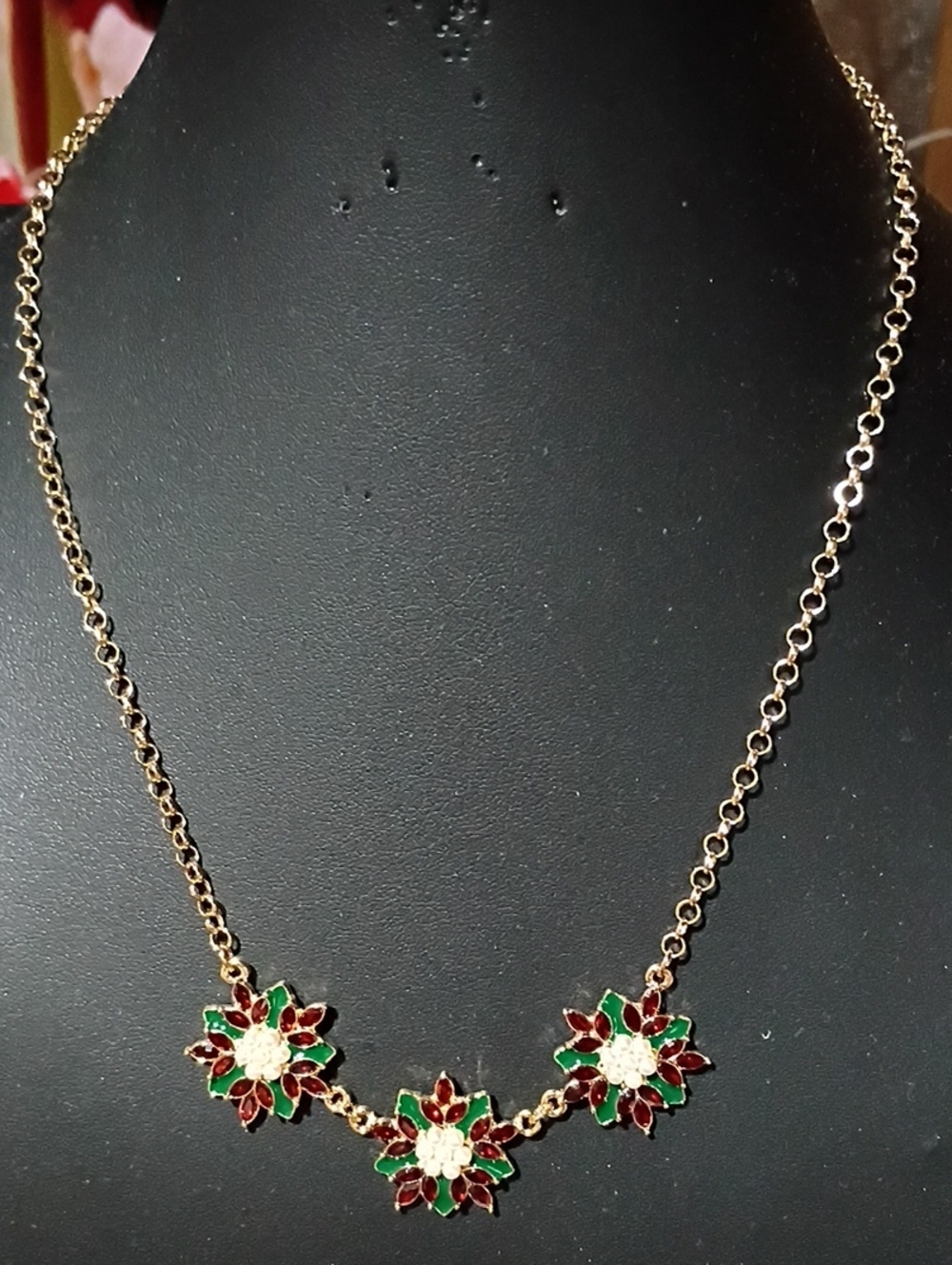 Studio Gold Floral Necklace with Red and Green Enamel